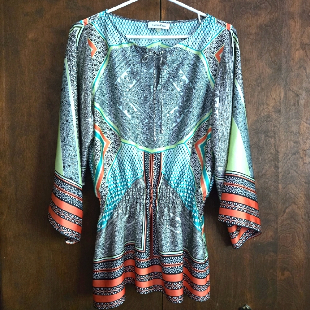 Calvin Klein Multicolor Boho Peplum Top, PTP=17.5"